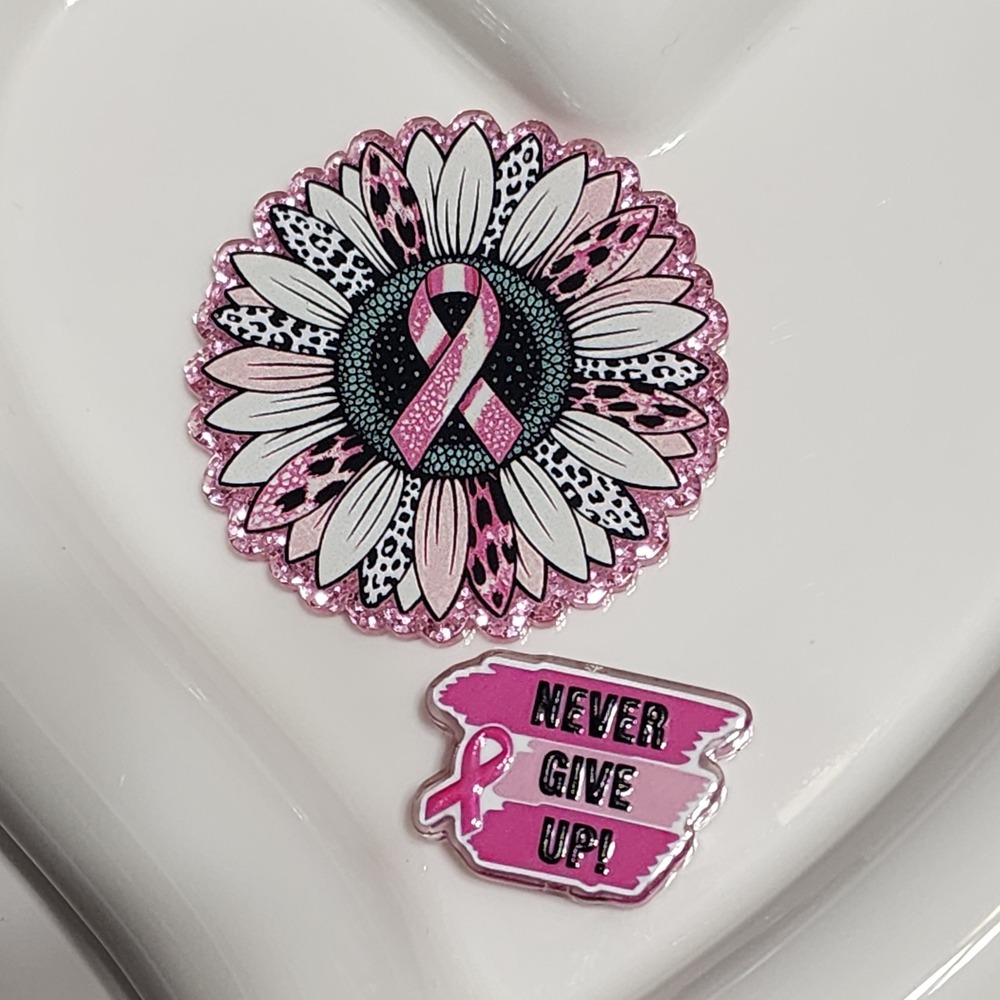 Breast Cancer Flatback Focal Bead Beaded Pen Badge Pink Ribbon Never Give Up